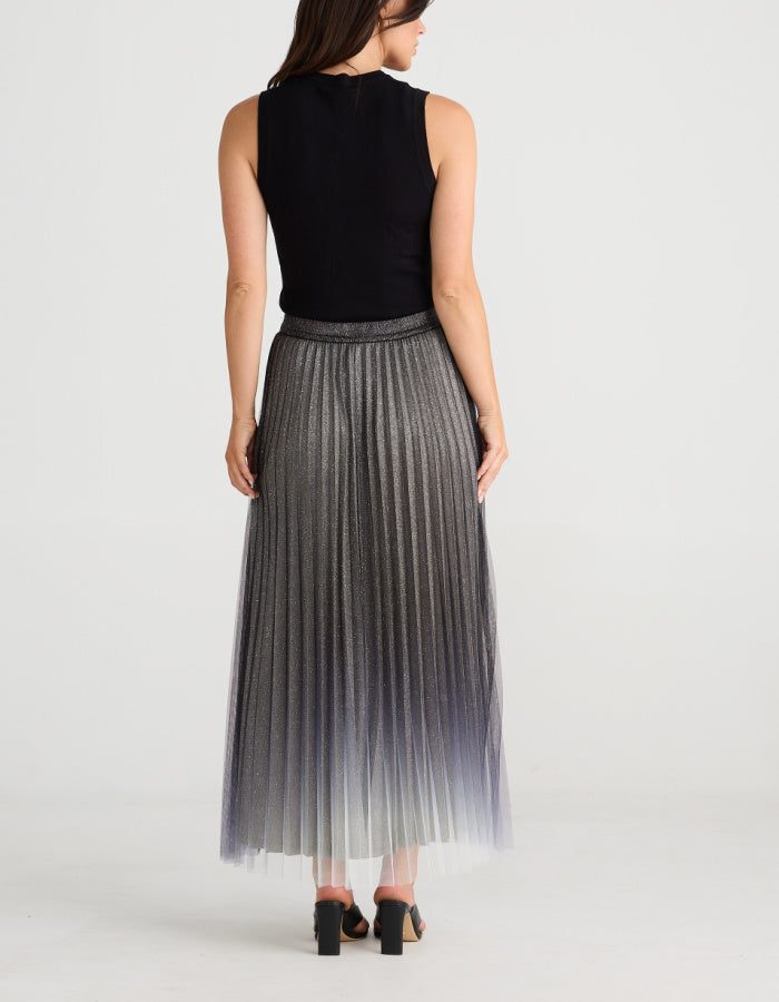 pleated metallic ombre silver midi length skirt with elasticated waist