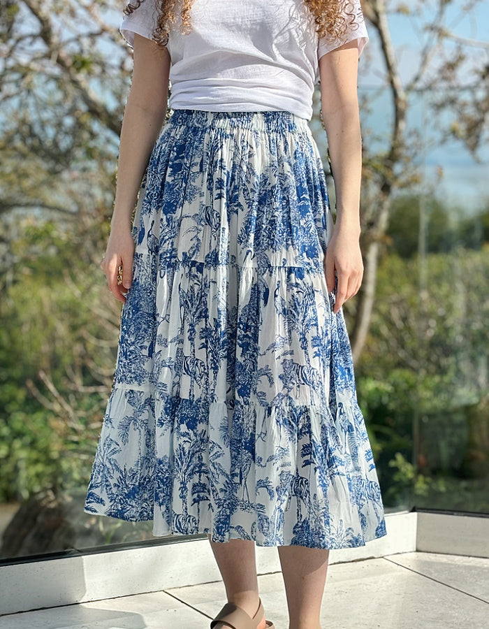 mid length full flare cotton skirt with fresh toile like blue sketch print