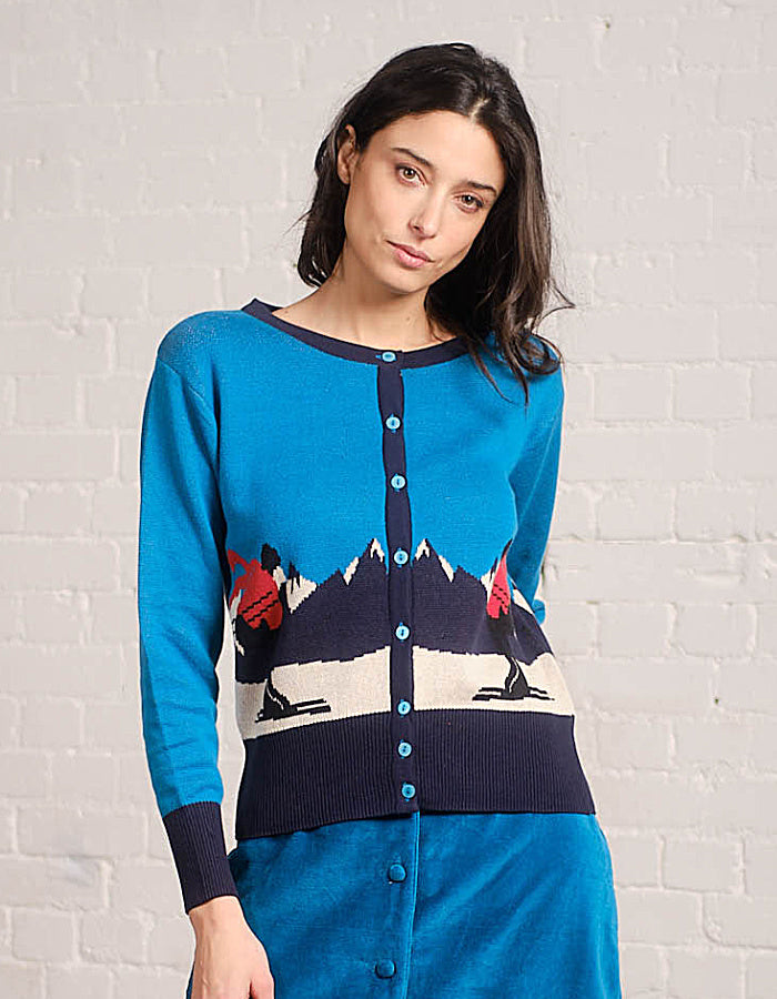 teal cotton cardigan with retro ski design