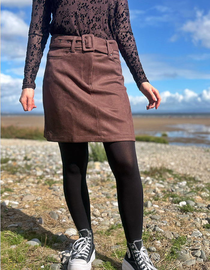 short brown vegan suede skirt