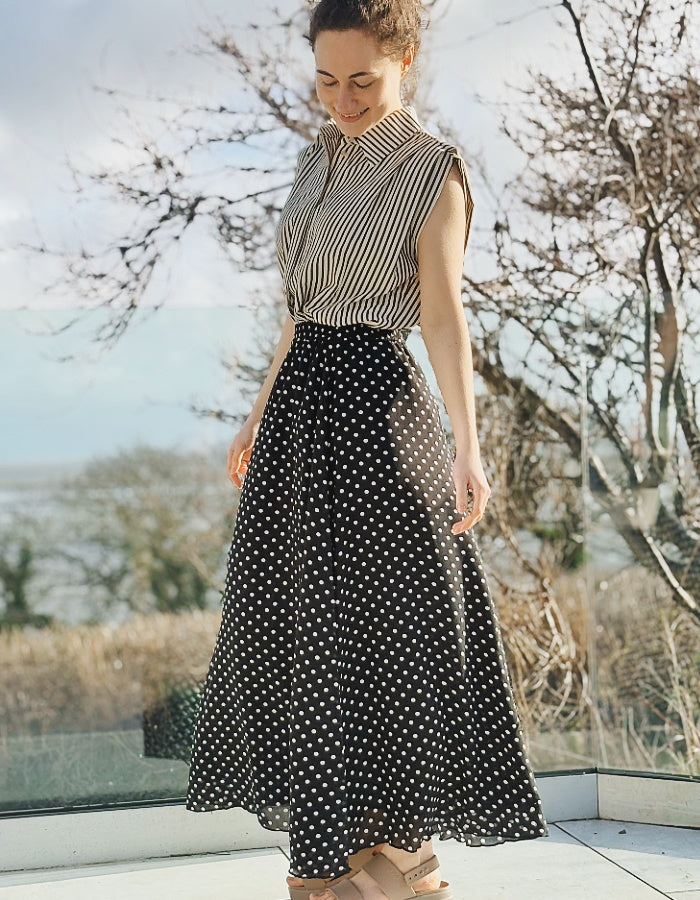 maxi length floaty chiffon black and white polka dot skirt with elasticated waist