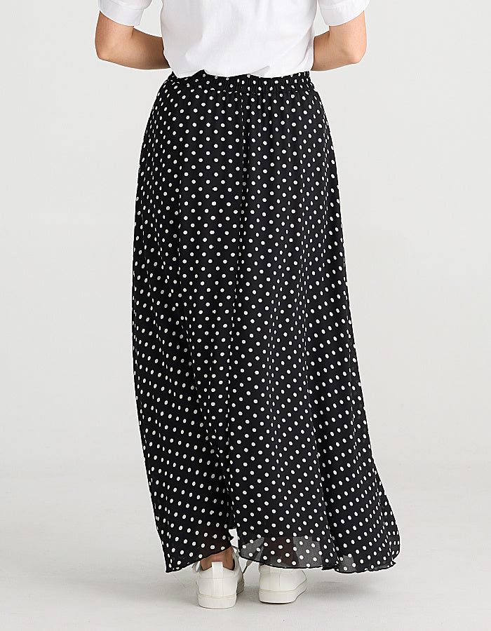 maxi length floaty chiffon black and white polka dot skirt with elasticated waist