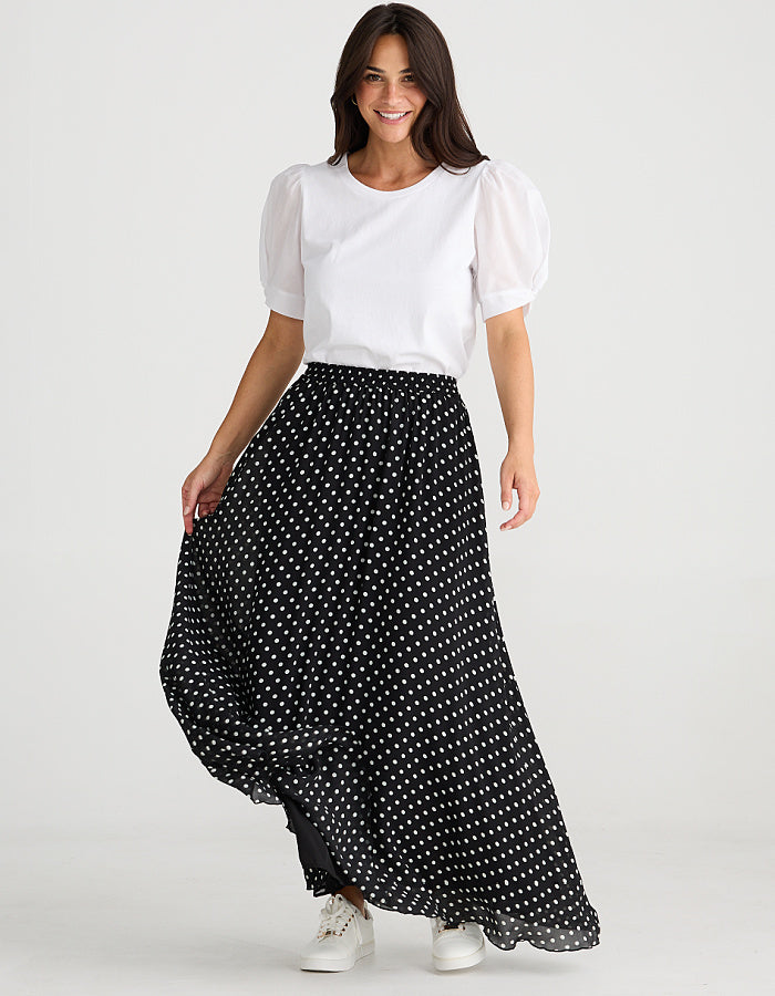 maxi length floaty chiffon black and white polka dot skirt with elasticated waist