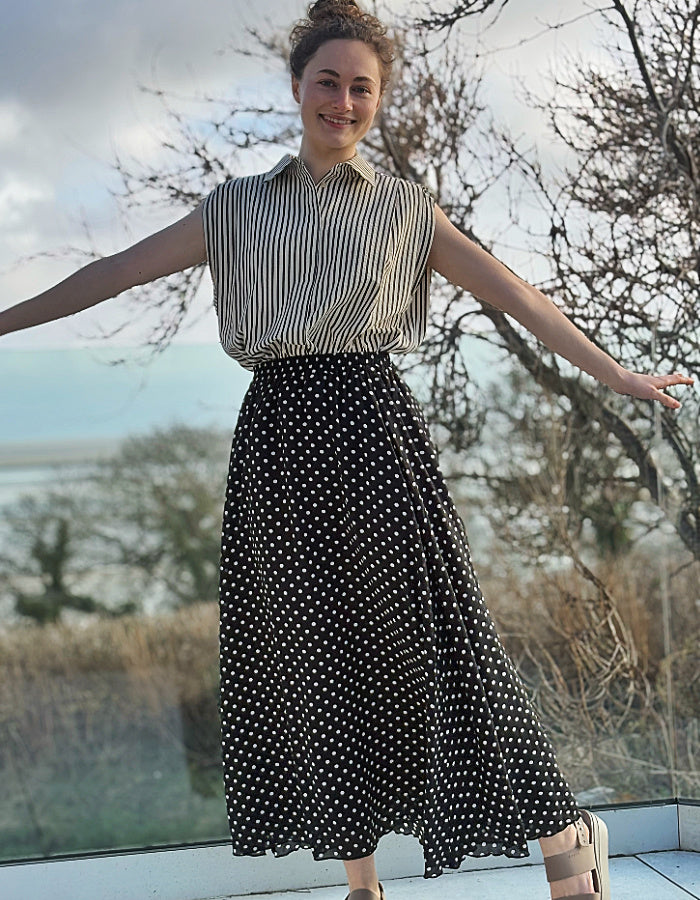 maxi length floaty chiffon black and white polka dot skirt with elasticated waist