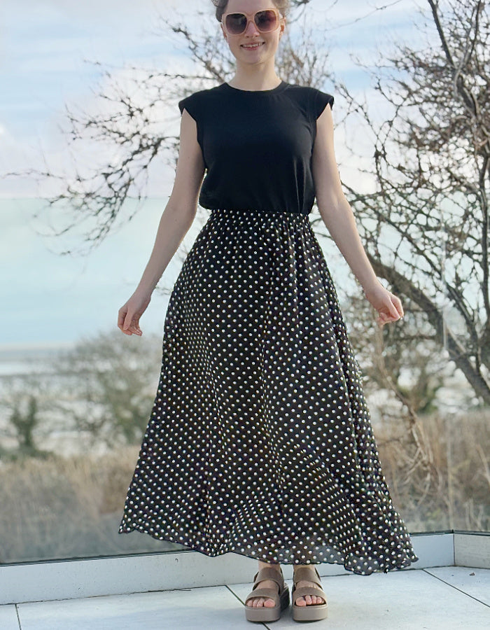 maxi length floaty chiffon black and white polka dot skirt with elasticated waist