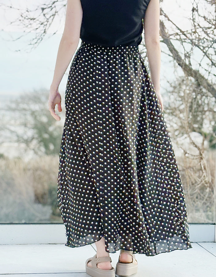 maxi length floaty chiffon black and white polka dot skirt with elasticated waist