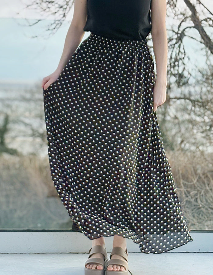 maxi length floaty chiffon black and white polka dot skirt with elasticated waist