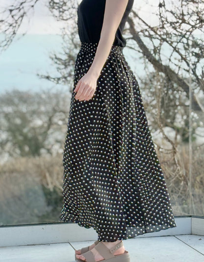 maxi length floaty chiffon black and white polka dot skirt with elasticated waist