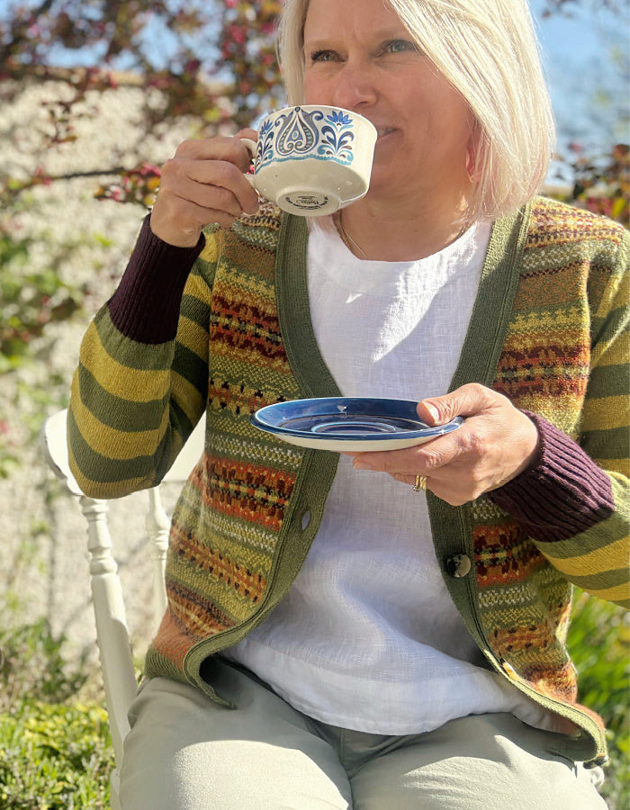 autumnal orange yellow and green stripes with fair isle design lambswool cardigan