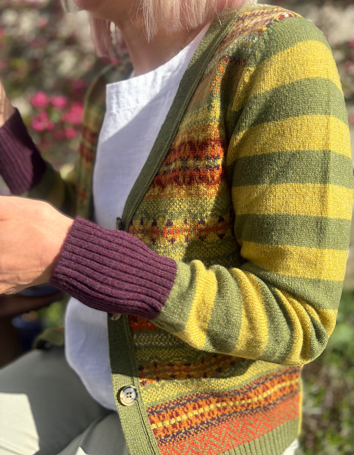 autumnal orange yellow and green stripes with fair isle design lambswool cardigan