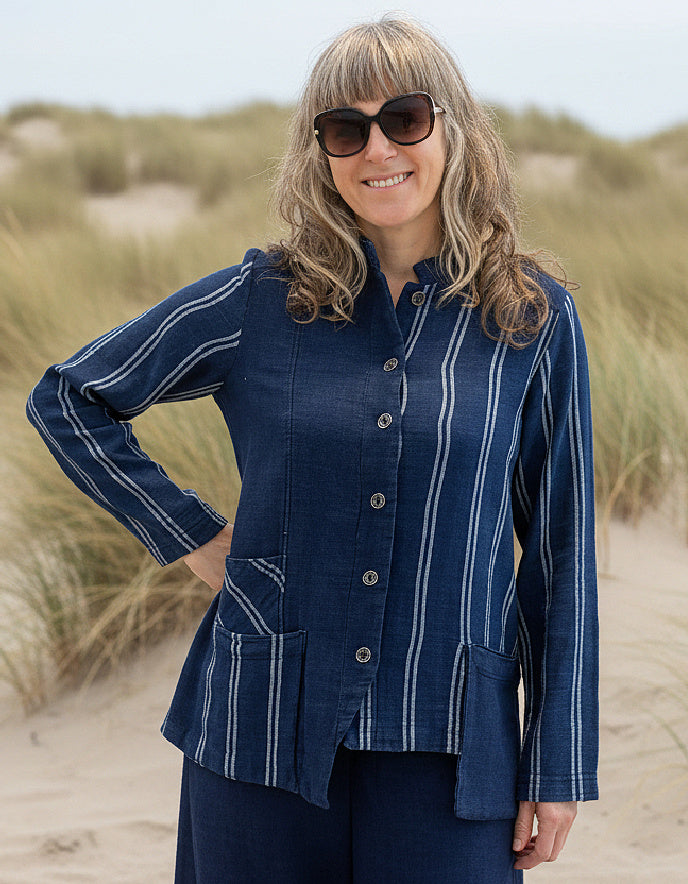 woman wearing chambray denim shirt jacket with pinstripes