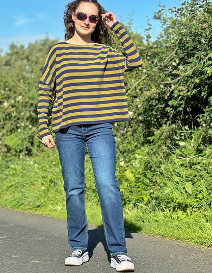 lime and cobalt striped boxy jumper