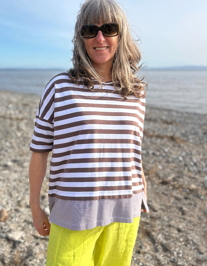 striped brown and white oversized cotton jersey t shirt
