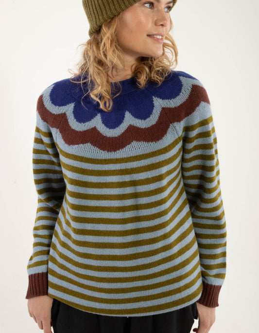 Woman wearing a colorful sweater with a white background