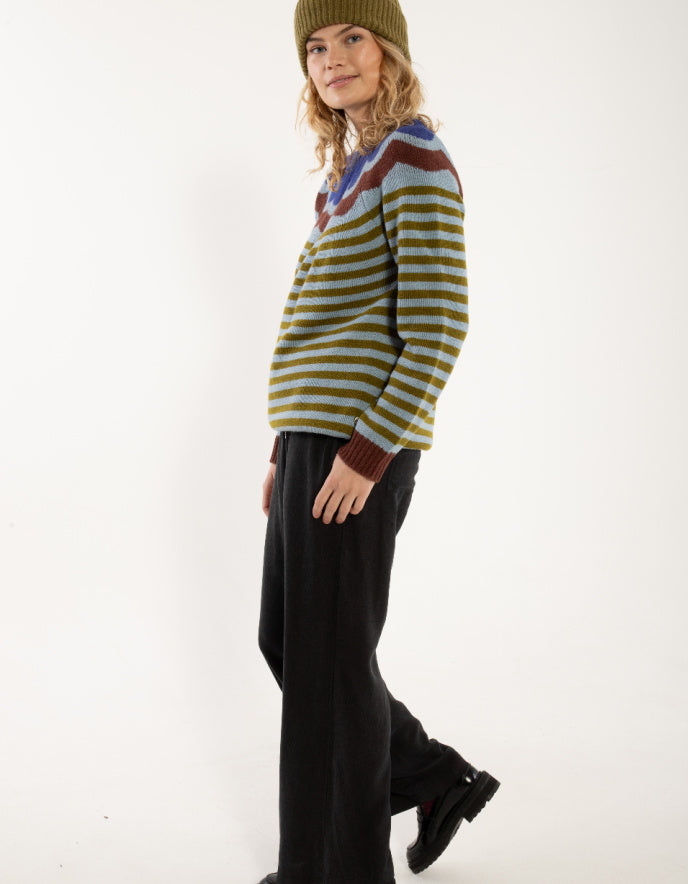 Person wearing a striped sweater and dark pants on a white background
