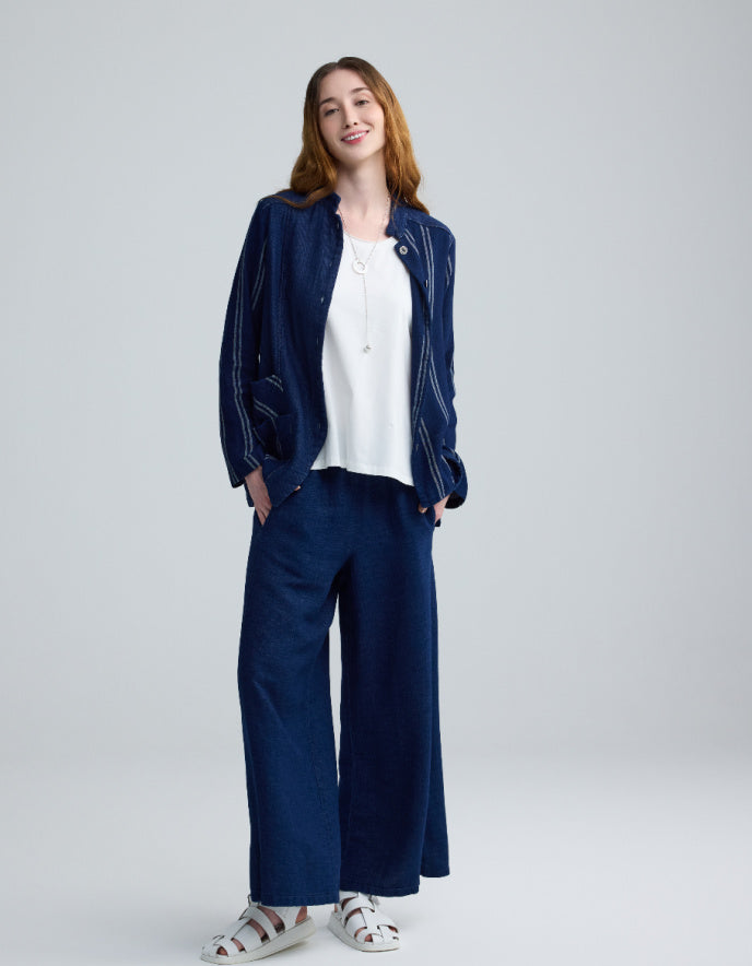 woman wearing chambray denim shirt jacket with pinstripes