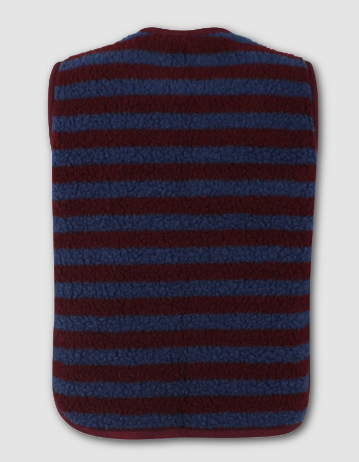 A fleece-lined hot water bottle or heated towel warmer with horizontal stripes in dark red and navy blue, shown from the back against a light gray background.