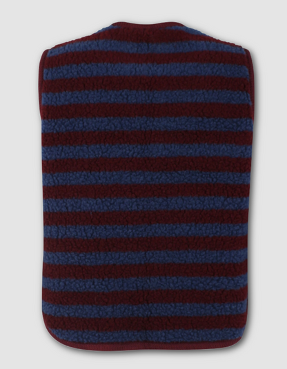 A fleece-lined hot water bottle or heated towel warmer with horizontal stripes in dark red and navy blue, shown from the back against a light gray background.