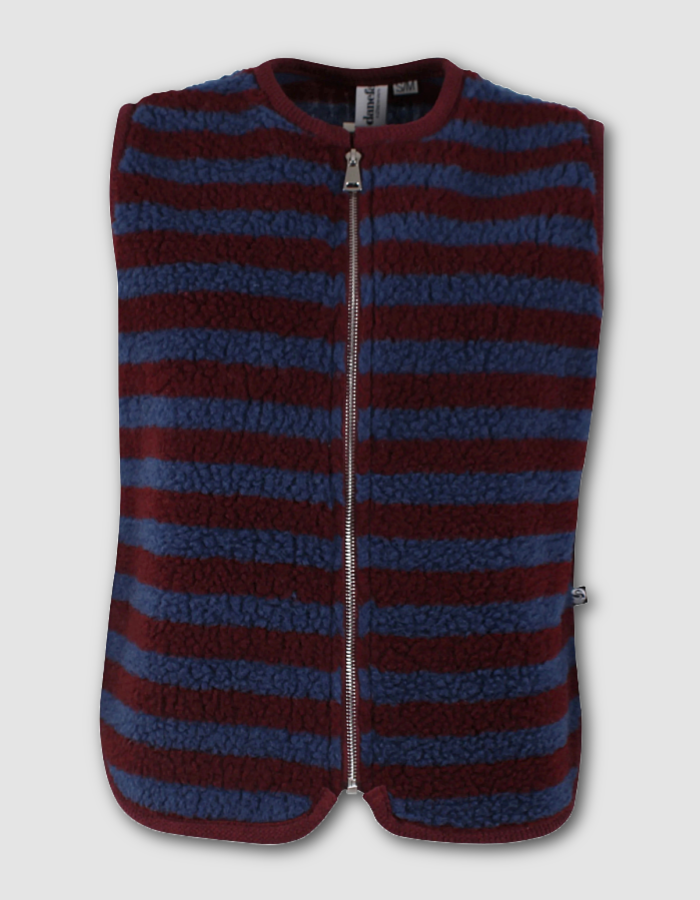 A fleece zippered vest with horizontal stripes in dark blue and burgundy red, shown against a light gray background.