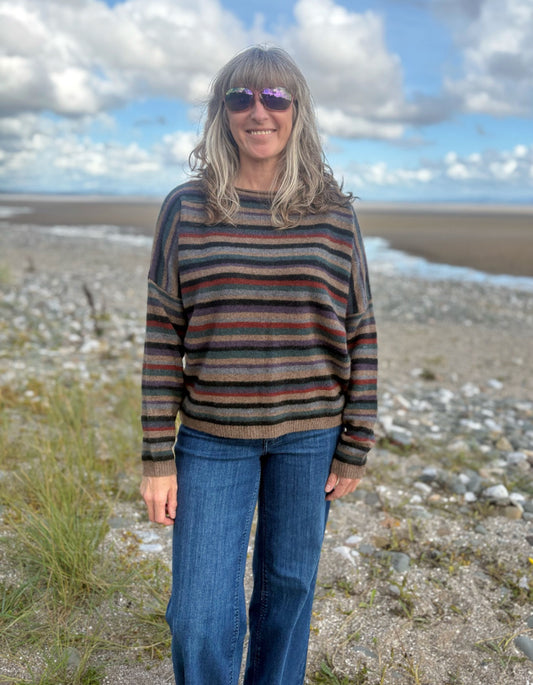 Person wearing a striped yak wool sweater and sunglasses standing on a beach with a cloudy sky.