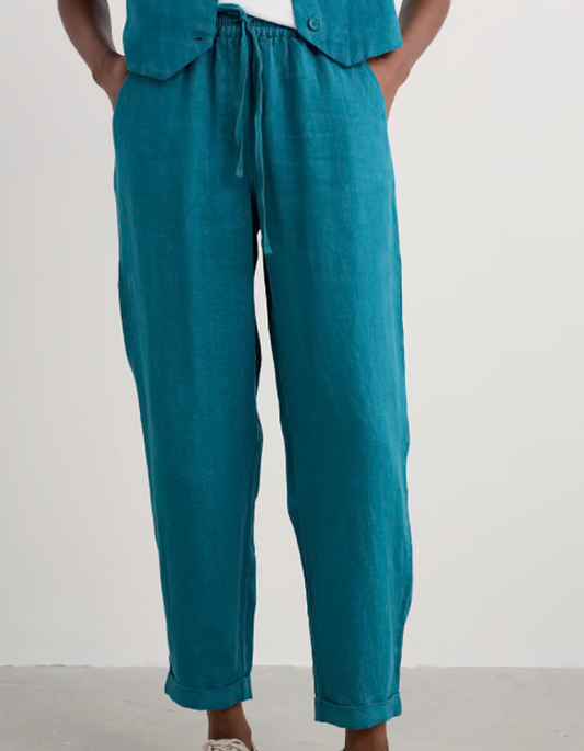 teal linen trouser with elasticated waist and tapered leg shape
