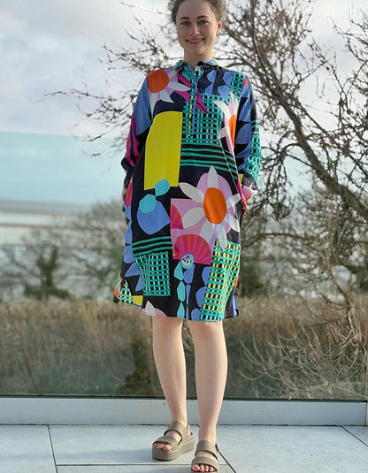 graphic floral print cotton shirt dress in bright colours