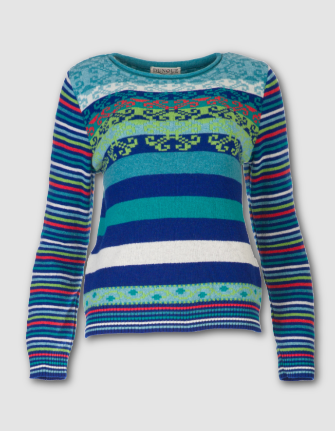 Colorful striped sweater with patterned design on a white background