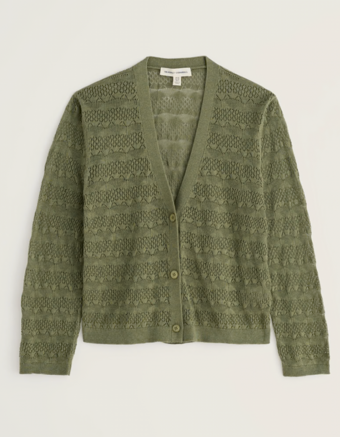 Green patterned cardigan on a light gray background