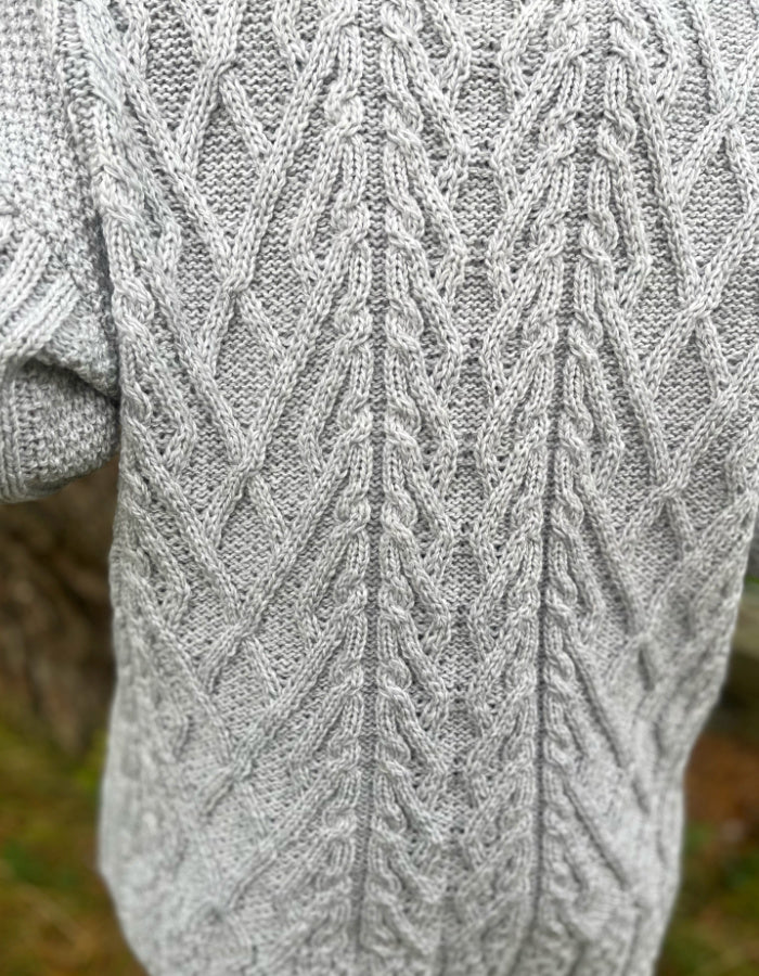 boxy silver grey cable cardigan with v neckline and buttons in supersoft merino