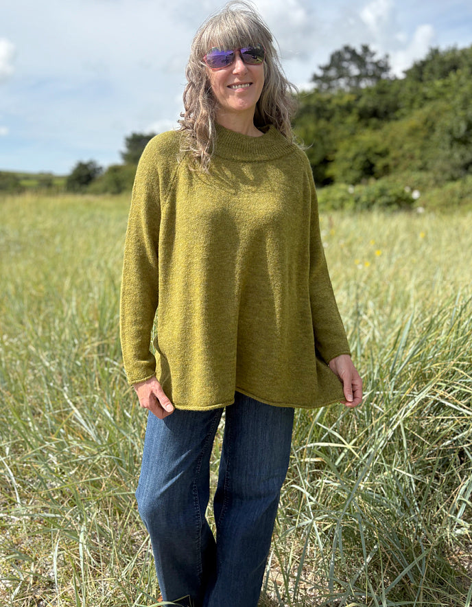 olive melange long tunic style sweater with jeans
