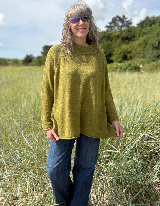 olive melange long tunic style sweater with jeans