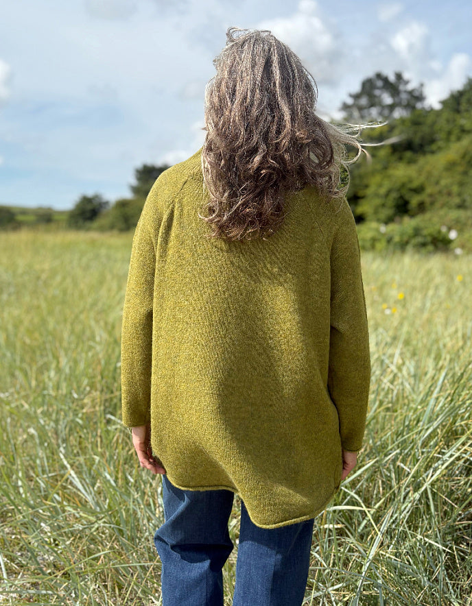 olive melange long tunic style sweater with jeans