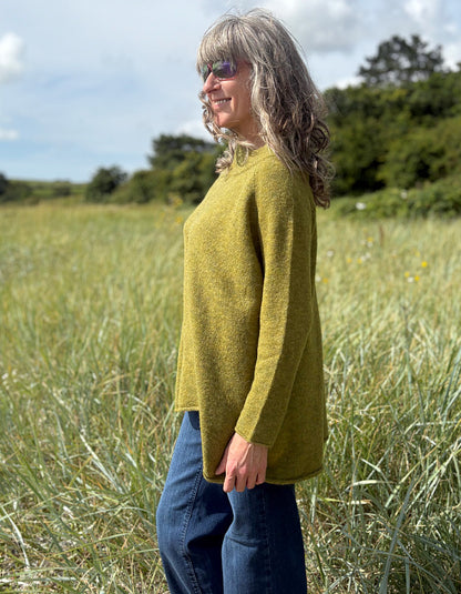 olive melange long tunic style sweater with jeans