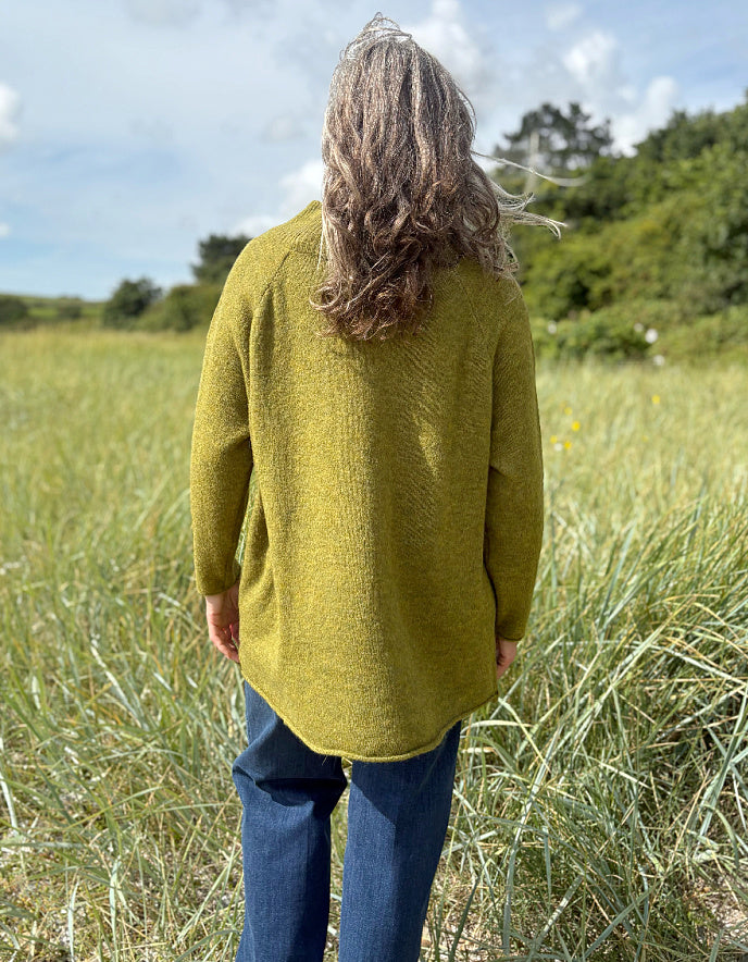 olive melange long tunic style sweater with jeans