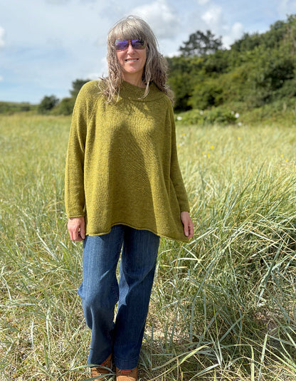 olive melange long tunic style sweater with jeans