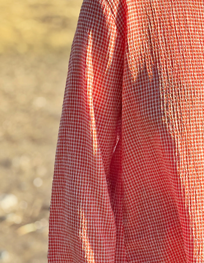 summer top with round neck and 3/4 length sleeves in viscose gingham check in clay orange and white 