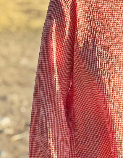 summer top with round neck and 3/4 length sleeves in viscose gingham check in clay orange and white 