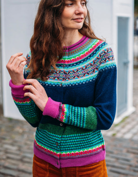 navy Fair Isle wool cardigan with pink green and turquoise details
