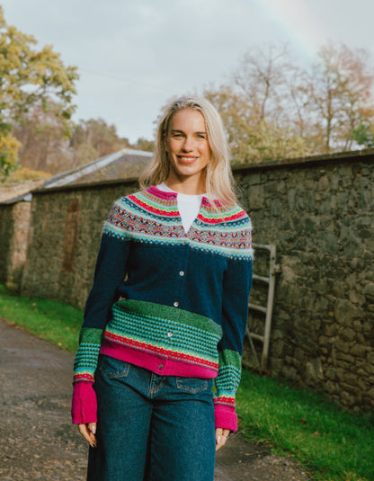 navy Fair Isle wool cardigan with pink green and turquoise details