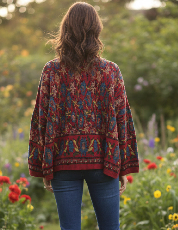 A woman viewed from behind wearing a loose, long-sleeve bohemian-style knit sweater with an intricate multicolor pattern in red, blue, and gold, paired with blue jeans in a sunlit garden.