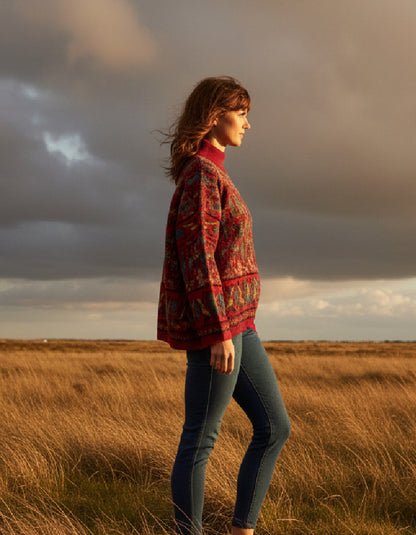 A woman stands in profile in a grassy field under a dramatic cloudy sky, wearing a red and multicolor patterned knit sweater and blue jeans.