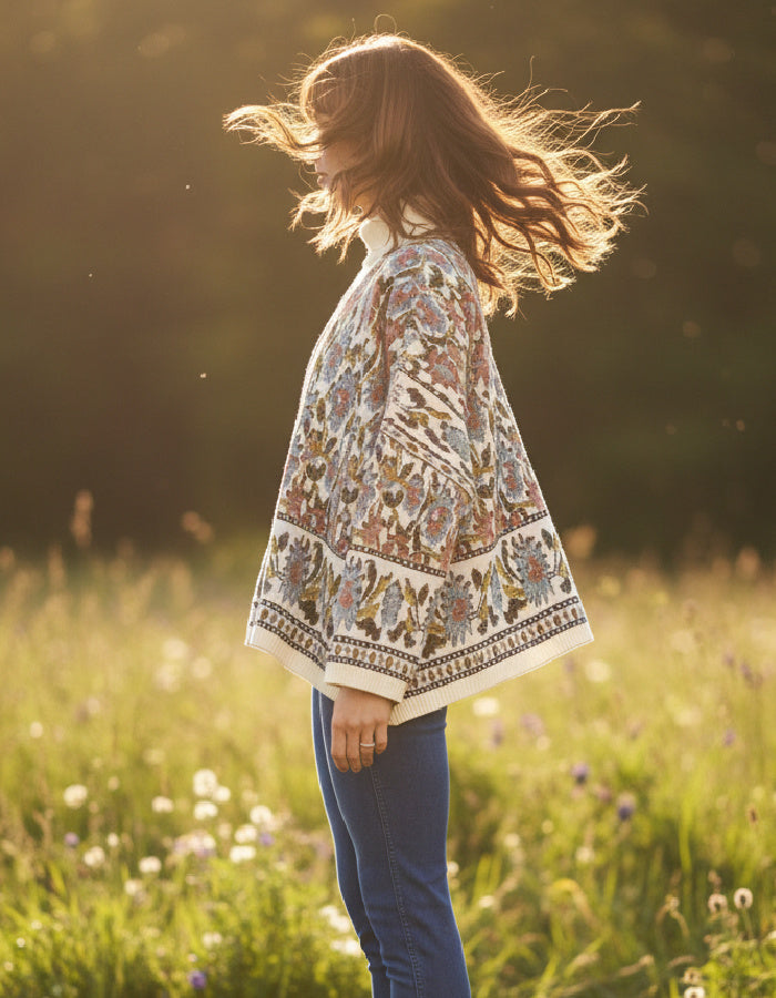 A woman stands in profile in a sunlit grassy field, wearing a loose embroidered bohemian-style jacket with blue jeans. The image is backlit by warm golden sunlight, creating a dreamy, soft-focus outdoor scene.