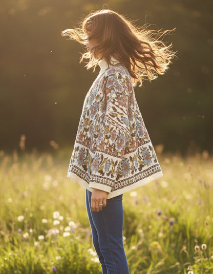 A woman stands in profile in a sunlit grassy field, wearing a loose embroidered bohemian-style jacket with blue jeans. The image is backlit by warm golden sunlight, creating a dreamy, soft-focus outdoor scene.