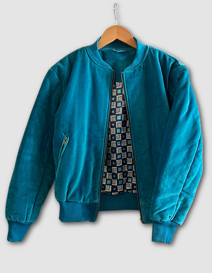 teal velvet bomber jacket