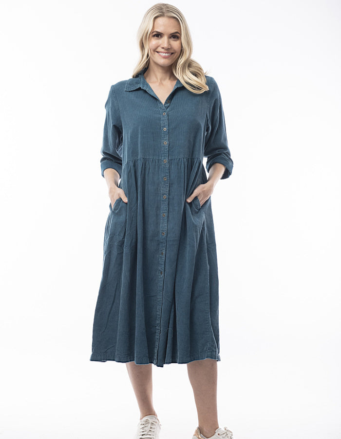 needlecord midi length shirt dress in faded teal colour, button down front closure and three quarter sleeves