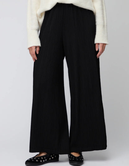Person wearing black wide-leg pants with a white top on a light gray background