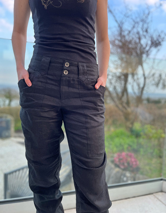 tactical style black linen cargo trousers with elasticated cuffs and belt loop sand deep side pockets