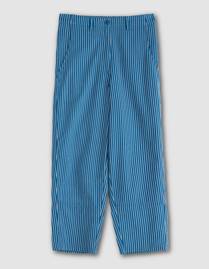 blue and white organic cotton barrel leg summer trousers