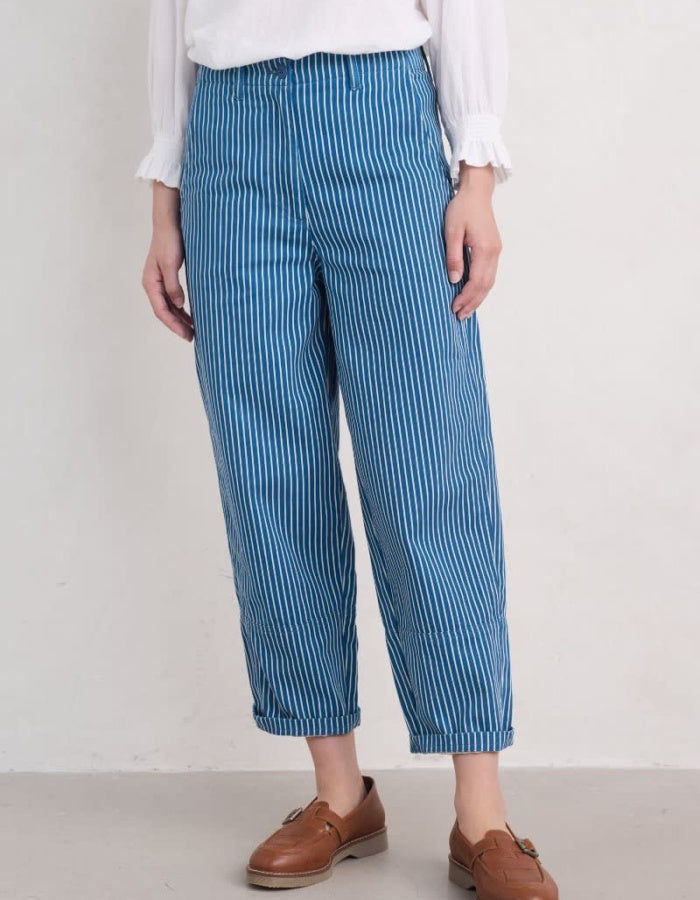 blue and white organic cotton barrel leg summer trousers