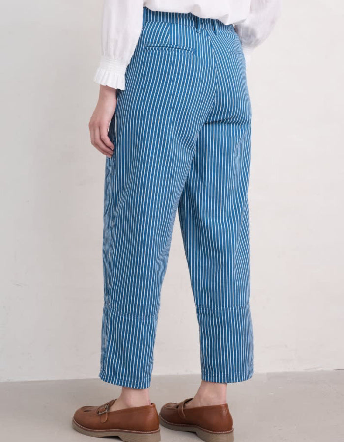 blue and white organic cotton barrel leg summer trousers